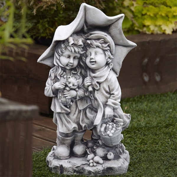 Boy & Girl with Brolly Stone Garden Ornament 54cm