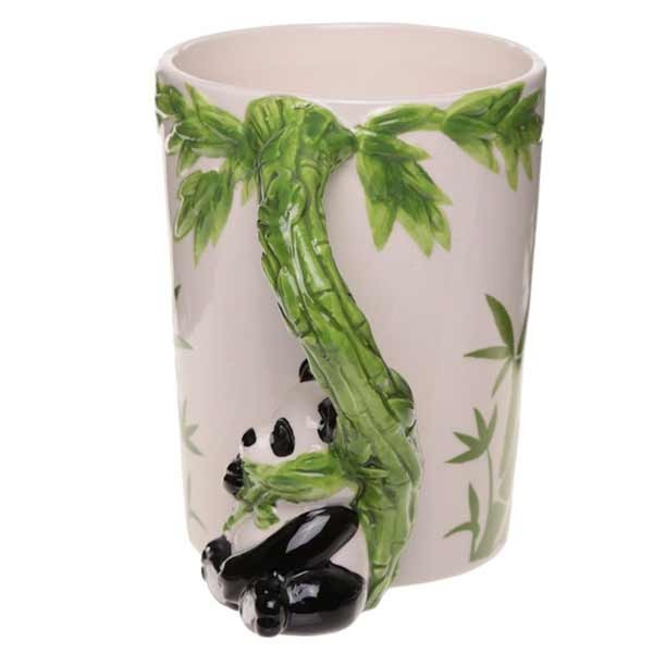 Panda Shaped Handle Ceramic Mug With Bamboo Decal