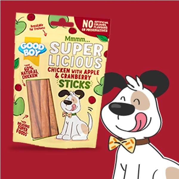 Good Boy Super Licious Chicken With Apple & Cranberry Sticks 100g Dog Treat