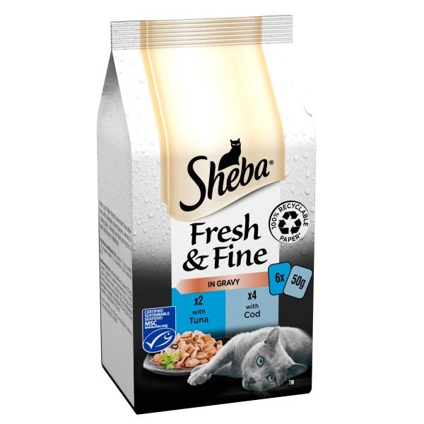 Sheba Fresh & Fine Pouches Tuna & Cod in Gravy Adult 6x50g Wet Cat Food